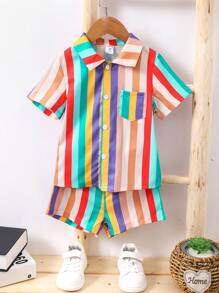 Toddler Boys Colourful Striped Patched Pocket Shirt & Shorts - Multicolor - View 1