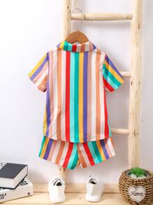 Toddler Boys Colourful Striped Patched Pocket Shirt & Shorts - Multicolor - View 2