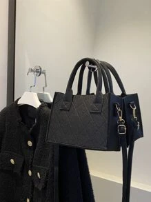 Stitch Detail Double Handle Square Bag - Black - View 1