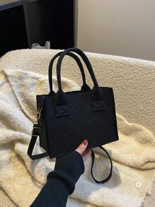 Stitch Detail Double Handle Square Bag - Black - View 2