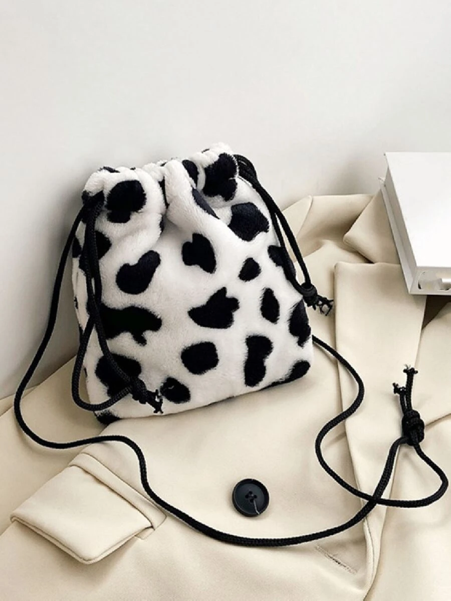 Mini Cow Pattern Fluffy Bucket Bag