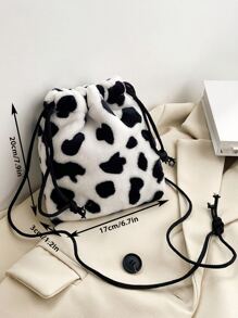 Mini Cow Pattern Fluffy Bucket Bag