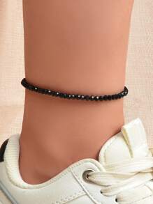 Minimalist Beaded Anklet - Black - View 1