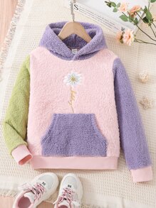 Girls Colourblock Floral Embroidery Kangaroo Pocket Teddy Hoodie - Multicolor - View 1
