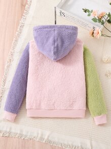 Girls Colourblock Floral Embroidery Kangaroo Pocket Teddy Hoodie - Multicolor - View 2