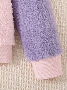 Girls Colourblock Floral Embroidery Kangaroo Pocket Teddy Hoodie - Multicolor - View 3