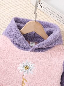 Girls Colourblock Floral Embroidery Kangaroo Pocket Teddy Hoodie - Multicolor - View 4