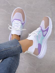 Color Block Lace-up Front Running Shoes, Multicolor Knit Running Shoes For Women, Athletic Trainers - Multicolor - View 1