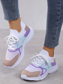 Color Block Lace-up Front Running Shoes, Multicolor Knit Running Shoes For Women, Athletic Trainers - Multicolor - View 2