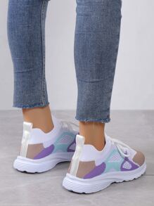Color Block Lace-up Front Running Shoes, Multicolor Knit Running Shoes For Women, Athletic Trainers - Multicolor - View 5