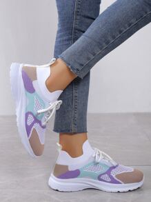 Color Block Lace-up Front Running Shoes, Multicolor Knit Running Shoes For Women, Athletic Trainers - Multicolor - View 6