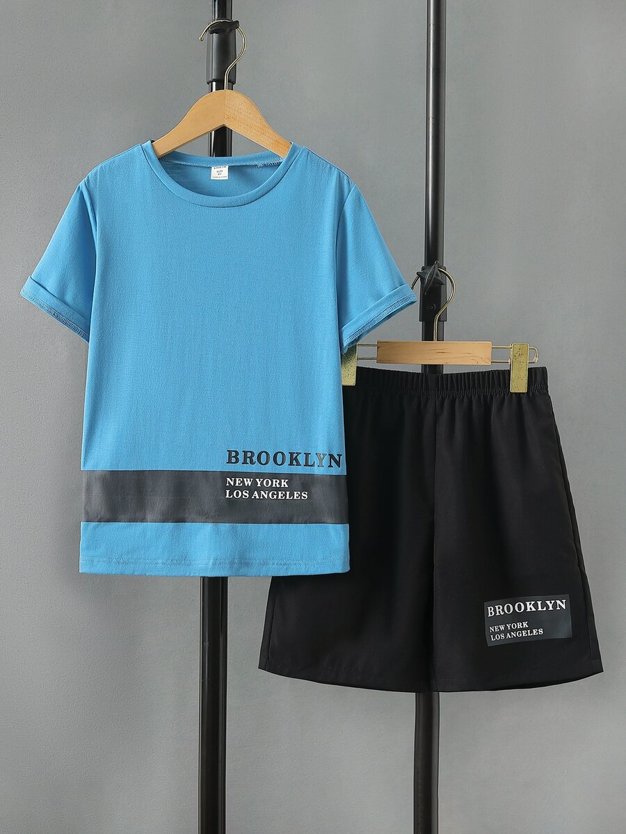 Boys Letter Graphic Colourblock Tee & Shorts - Blue - View 1