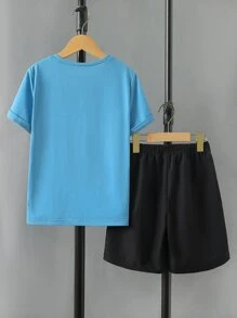 Boys Letter Graphic Colourblock Tee & Shorts - Blue - View 2