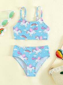 年轻女孩随机独角兽和彩虹印花比基尼套装夏日海滩 - 藍色 - 查看 1