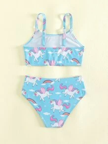 年轻女孩随机独角兽和彩虹印花比基尼套装夏日海滩 - 藍色 - 查看 2