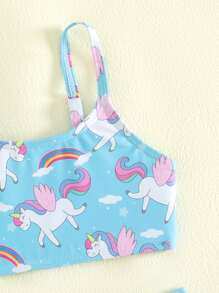 年轻女孩随机独角兽和彩虹印花比基尼套装夏日海滩 - 藍色 - 查看 3