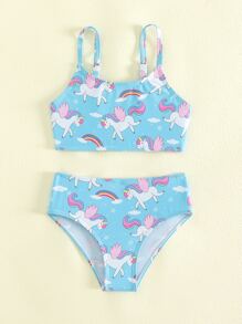 年轻女孩随机独角兽和彩虹印花比基尼套装夏日海滩 - 藍色 - 查看 5