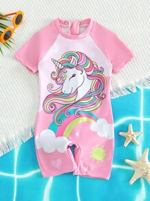 Young Girl Unicorn Print Contrast Raglan Sleeve One Piece Swimsuit Summer Holiday