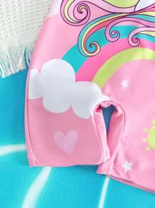 Young Girl Unicorn Print Contrast Raglan Sleeve One Piece Swimsuit Summer Holiday