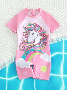 Young Girl Unicorn Print Contrast Raglan Sleeve One Piece Swimsuit Summer Holiday