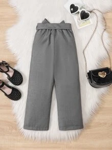 SHEIN 年輕女孩按鈕細節paperbag腰帶褲 - 灰色 - 查看 2