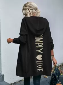 EMERY ROSE Cárdigan con capucha de manga larga con estampado de letras y bolsillos duales