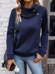SHEIN LUNE Button Detail Raglan Sleeve Sweatshirt Graduation,Back To School Outfits,Graduation,Teacher Outfits For Women,Back To School Pullover Fall Outfit - Navy Blue - View 5