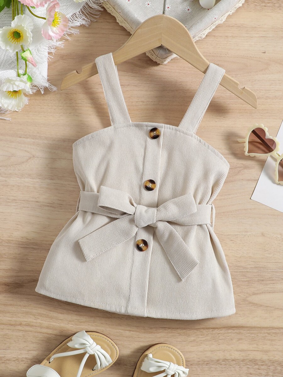 Toddler Girls Button Front Belted Corduroy Cami Top - Apricot - View 1