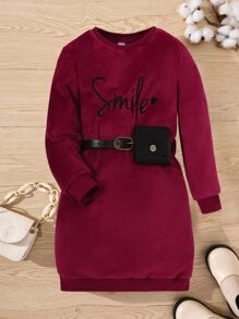 Girls Letter Graphic Sweatshirt Dress With Belt Bag - Burgundy - View 1