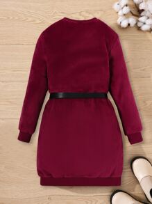 Girls Letter Graphic Sweatshirt Dress With Belt Bag - Burgundy - View 2