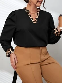 SHEIN Clasi Plus Leopard Print Notched Neckline Puff Sleeve Blouse - Black - View 5