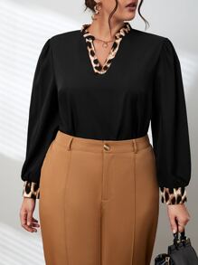 SHEIN Clasi Plus Leopard Print Notched Neckline Puff Sleeve Blouse - Black - View 1
