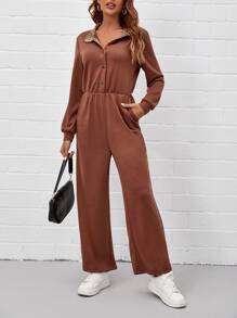 SHEIN LUNE Half Button Slant Pocket Leopard Print Lined Jumpsuit - Rust Brown - View 3