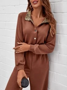 SHEIN LUNE Half Button Slant Pocket Leopard Print Lined Jumpsuit - Rust Brown - View 2