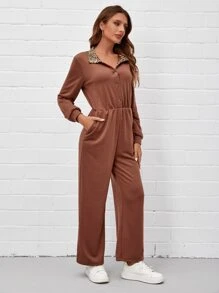 SHEIN LUNE Half Button Slant Pocket Leopard Print Lined Jumpsuit - Rust Brown - View 1