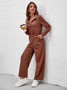 SHEIN LUNE Half Button Slant Pocket Leopard Print Lined Jumpsuit - Rust Brown - View 4