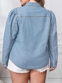 SHEIN Frenchy Plus Flap Pocket Puff Sleeve Denim Blouse - Light Wash - View 2