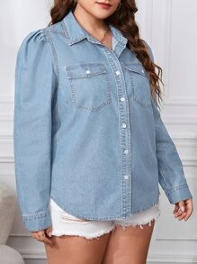 SHEIN Frenchy Plus Flap Pocket Puff Sleeve Denim Blouse - Light Wash - View 4