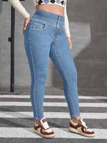 Plus Button Fly Skinny Jeans - Light Wash - View 5