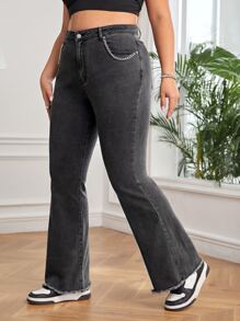 Plus High Waist Chain Detail Raw Cut Flare Leg Jeans - Dark Grey - View 1