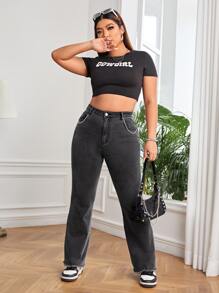 Plus High Waist Chain Detail Raw Cut Flare Leg Jeans - Dark Grey - View 3