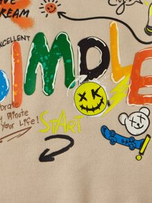 SHEIN Young Boy Cartoon & Slogan Graphic Sweatshirt - Khaki - View 4