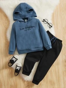 SHEIN 小男童字母圖案3D耳朵設計連帽衫和運動褲 - 彩色 - 查看 1