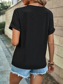 SHEIN LUNE 撞色蕾絲拼接蝙蝠袖T恤 - 灰色 - 查看 2