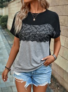 SHEIN LUNE 撞色蕾絲拼接蝙蝠袖T恤 - 灰色 - 查看 3