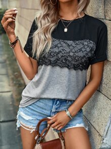 SHEIN LUNE 撞色蕾絲拼接蝙蝠袖T恤 - 灰色 - 查看 4