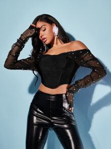 SHEIN BAE Pearls Beaded Mesh Panel Off Shoulder Asymmetrical Hem Crop Top - Black - View 3