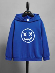 SHEIN Leap Crew 少年卡通圖案帶帽長袖運動衫，印有微笑臉表情，適用於秋冬季日常穿著