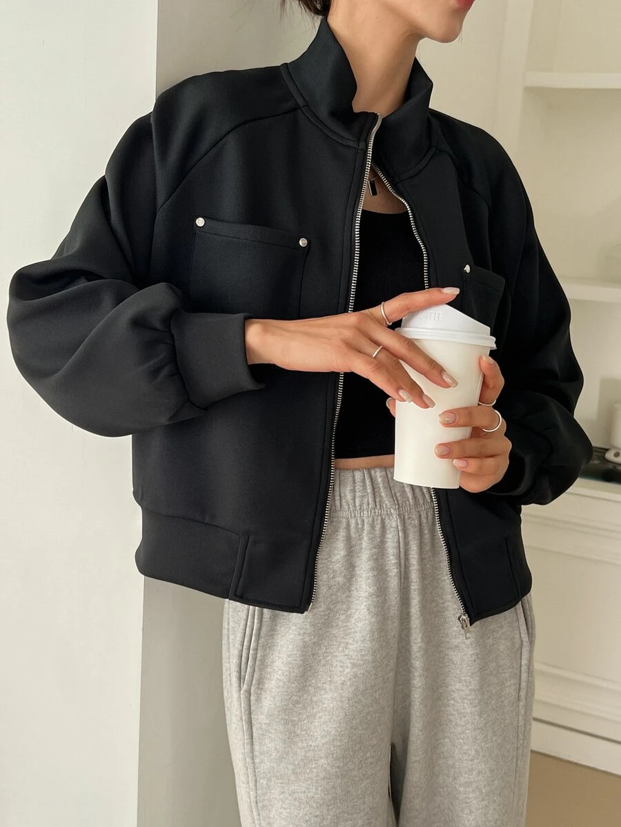 DAZY Raglan Sleeve Zip Up Jacket - Black - View 1