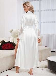 蕾絲拼接腰帶緞面睡袍 - 白色 - 查看 2